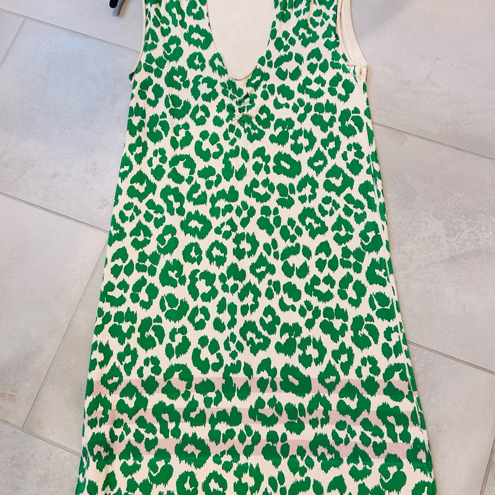 Marc Jacobs Cream and Green Leopard Print Sleeveless Dress with Stripe Detail XS